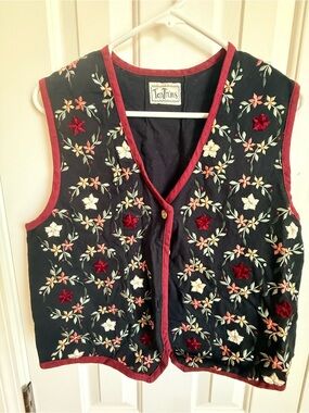Tantrums Black Embroidered Floral Vest with Red Trim